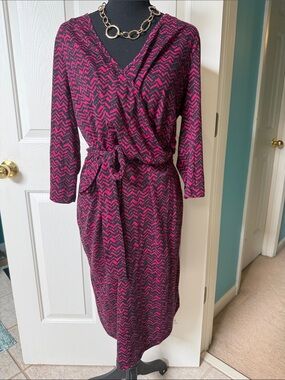 Women’s Red and Black Chevron Faux Wrap Dress with Waist Tie